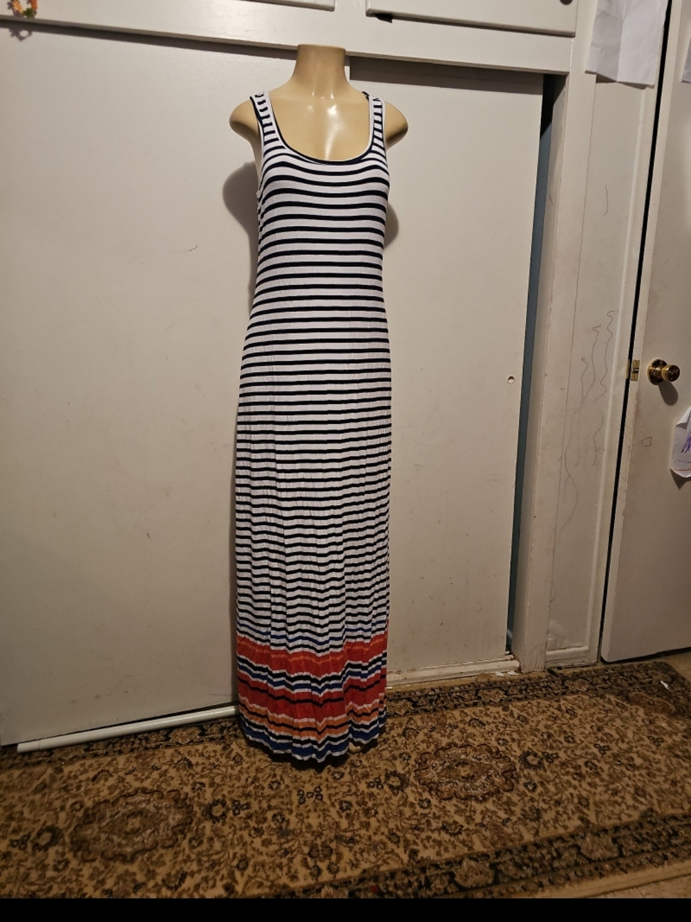 Old Navy Navy and White Striped Maxi Dress with Colorband Hem